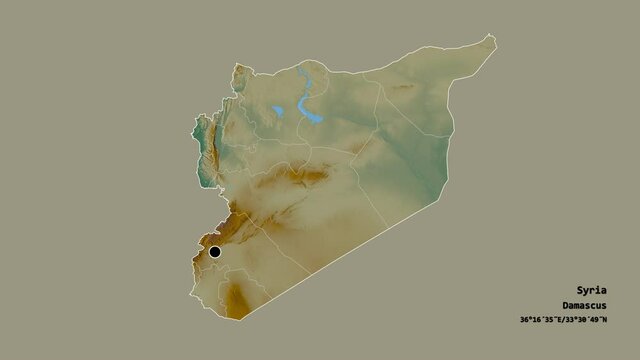 Hims, province of Syria, with its capital, localized, outlined and zoomed with informative overlays on a relief map in the Stereographic projection. Animation 3D