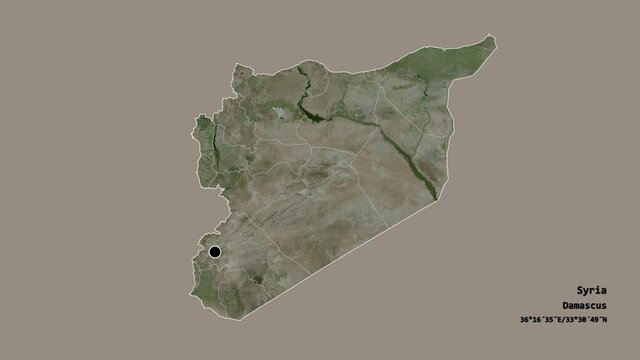 Hims, province of Syria, with its capital, localized, outlined and zoomed with informative overlays on a satellite map in the Stereographic projection. Animation 3D