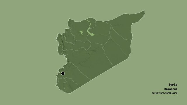Lattakia, province of Syria, with its capital, localized, outlined and zoomed with informative overlays on a administrative map in the Stereographic projection. Animation 3D