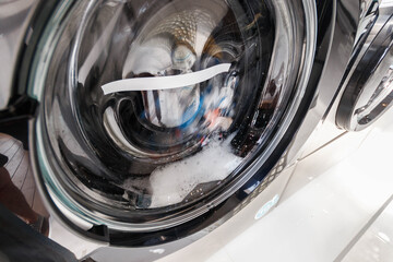 Close-Up Washing machine in Laundry shop, Washing with hot and cold water keeps clothes clean and trendy.