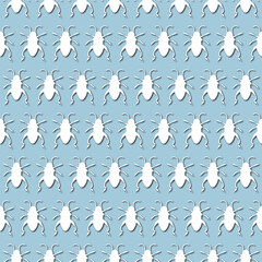 White bug, beetle silhouette on pale blue background, seamless pattern. Paper cut style - 366663451