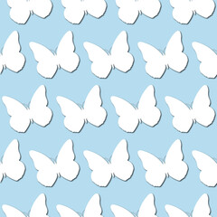 White butterfly silhouette on pale blue background, seamless pattern. Paper cut style - 366663464