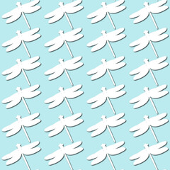 White dragonfly silhouette on pale blue background, seamless pattern. Paper cut style - 366663465