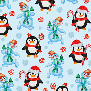 Christmas and New Year pattern: snowmen, penguins, snowflakes and fir trees. Idea for wallpaper, website background, wrapping paper, textiles, prints.