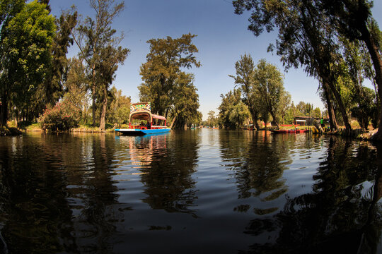 Typical trajinera in the channels of Xochimilco