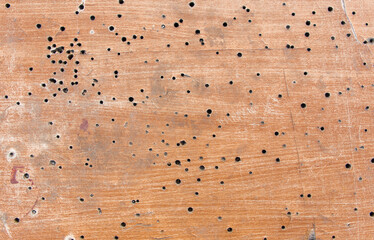 Old laminate Board with drill holes, paint and scuffs. Wooden old grunge background. Texture of...