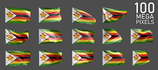 many different images of Zimbabwe flag isolated on grey background - 3D illustration of object - obrazy, fototapety, plakaty