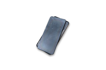 Broken mobile phone isolated on white background. Black smartphone with broken screen.