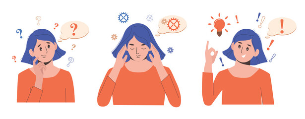 Problem solving concept. Woman thinks and solves a problem. A question mark and a luminous bulb as symbols of the appearance of a creative idea. Cartoon flat illustration isolated on white background.