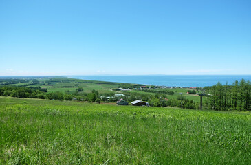 Fototapeta premium Green Hill and Sea of Okhotsk, Shari Town, Hokkaido, June