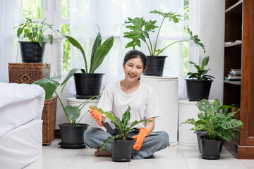 The woman wore orange gloves and planted trees in the house.