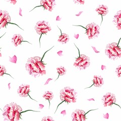 geometric seamless pattern pink peonies watercolor illustration