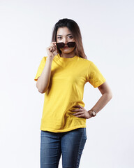 Front view yellow t-shirt Closeup on female body, woman girl in empty yellow t-shirt isolated on white background. Design woman t-shirt template and mockup for print.