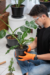 Men wearing orange gloves and planting trees indoors.