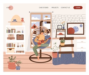 Naklejka na ściany i meble Man sit in ball chair and play guitar at home. Leisure time in cozy home interior. Concept illustration. Vector web site design template