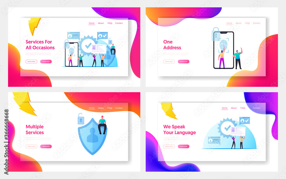 Poster verification cyber security technology landing page template set people fingerprint scanning access 