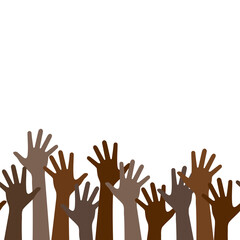 Fototapeta premium Multicultural crowd protest symbol of black people with hands up, teamwork of multinational team, horizontal seamless pattern