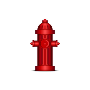 Red fire hydrant realistic 3d vector model, isolated object on white background, fire extinguishing device.