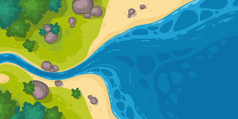 River flow into sea or pond top view, cartoon narrow riverbed going to wide water with rocks, grass and bushes on coastline. Summer landscape, beautiful valley, scenic stream, vector illustration