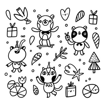 Cute doodle animal characters, vector set
