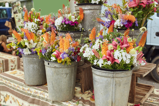 Bouquets of fresh cut flowers on display at a farmers market in Boulder, Colorado.  USA