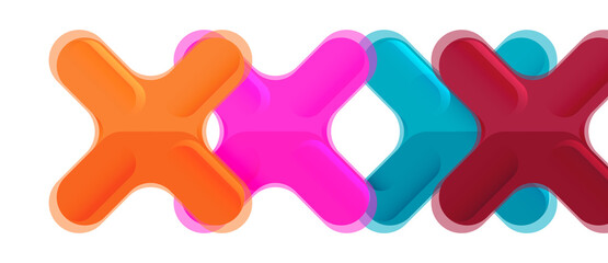 Glossy multicolored plastic style cross composition, x shape design, techno geometric modern abstract background. Trendy abstract layout template