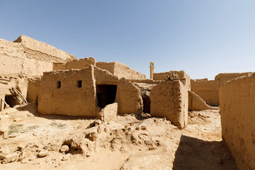 Abandoned houses in the traditional construction of Arabic adobe architecture in Qusur al Muqbil near Riyadh in Saudi Arabia