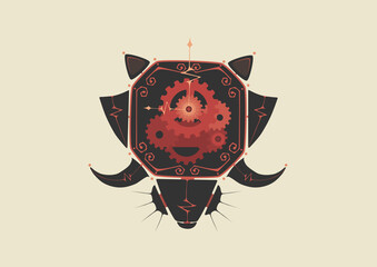 Illustration of octagon clock in geometric steampunk style. (Dark Grey & Red)