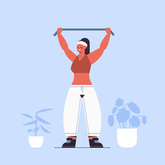 sportswoman doing exercises with resistance band girl having workout cardio fitness training healthy lifestyle home sport concept full length vector illustration
