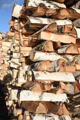 Wood burning stove. Firewood for furnace heating. Warehouse for firewood for stove