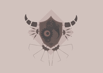 Illustration of octagon robot head in geometric steampunk style. (Purple & Gray)