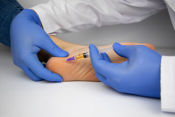 An orthopedic surgeon gives an injection in the heel to relieve pain from a heel spur. The concept...