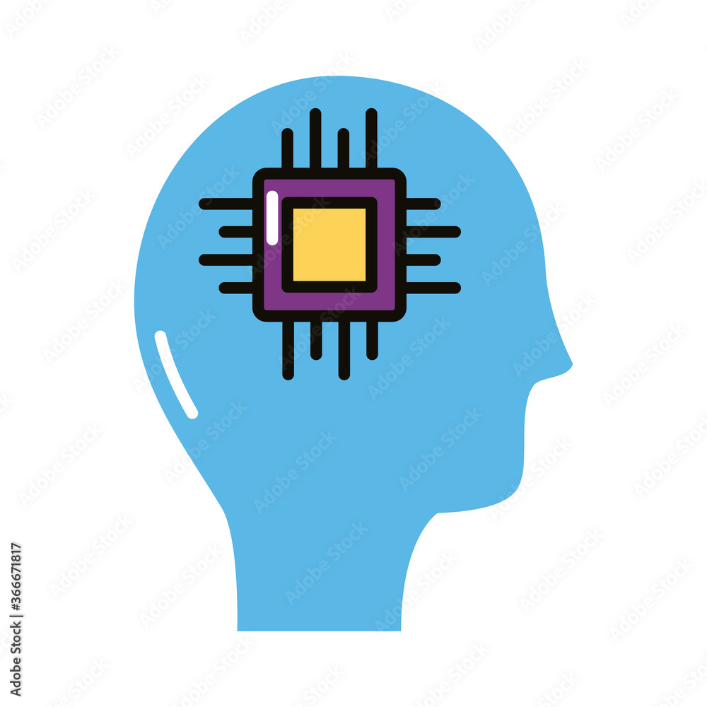 Poster human profile with processor chip line and fill style icon