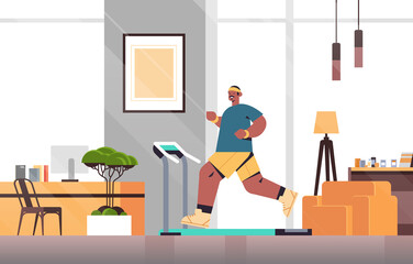 african american man running on treadmill at home guy having workout cardio fitness training healthy lifestyle sport concept living room inerior full length vector illustration