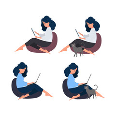 The girl sits on an ottoman and works at the tablet. A woman with a tablet is sitting on a large pouf. The cat rubs against the girl's leg. Vector.