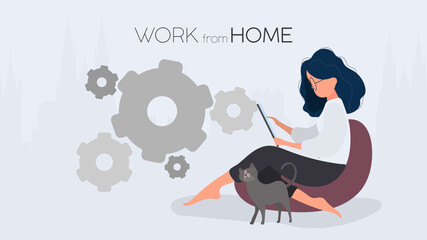 Work from home banner. The girl sits on an ottoman and works at the tablet. A woman with a tablet is sitting on a large pouf. Comfortable work at home concept. Vector.