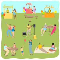 People enjoying activities and street food and drinks during summer festival