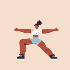 Fototapeta na wymiar african american sportswoman doing stretching exercises girl having workout cardio fitness training healthy lifestyle sport concept full length vector illustration