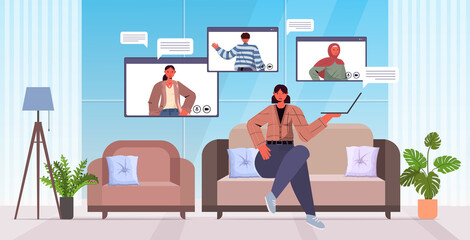 woman chatting with mix race friends during video call people having online conference meeting communication concept living room interior horizontal full length vector illustration