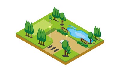 Green Landscape with Trees and Water Pond Isometric 3D Vector Illustration