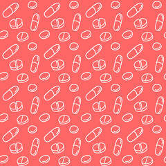 Seamless pattern with medicines, capsules, medicaments, drugs, pills and tablets. Medical pharmacy backgrounds and textures. Vector EPS10 illustration in doodle style