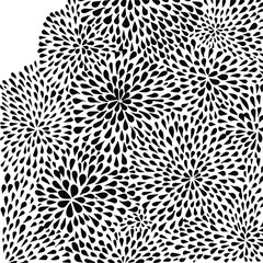 A pattern of black drops diverging from the center in a circle. Round flowers made of drops.