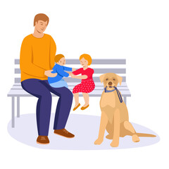 Father with small children on the bench. Dog Labrador, Golden Retriever sits nearby. Vector illustration. Isolated on white background.