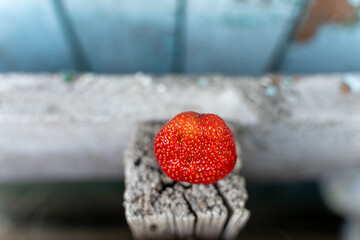 Ripe red strawberries lying on the board