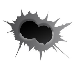 Bullet double hole on white background. Realisic metal bullet hole, damage effect. Vector illustration.