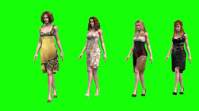 4K 3d animation showing four avatar female models in different poses showing off their various new fashions on the catwalk.