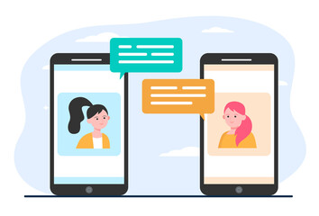 Video chat on phone. Girls using smartphones for conference call flat vector illustration. Online communication, internet technology concept for banner, website design or landing web page