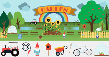 A large set of vector items for the garden. Flat garden illustration design with flowerbeds, tractor, fence, sprouts, flowers, birdhouse, trees, garden decor and equipment. Cute cartoon picture with a