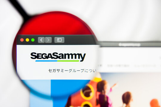 New York, New York State, USA - 21 May 2019: Illustrative Editorial of japanese company Sega Sammy Holdings website homepage. Sega Sammy Holdings logo visible on display screen.