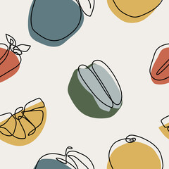 Hand drawn various fruits and doodle objects. Contemporary seamless pattern design. Trendy textile print. 
